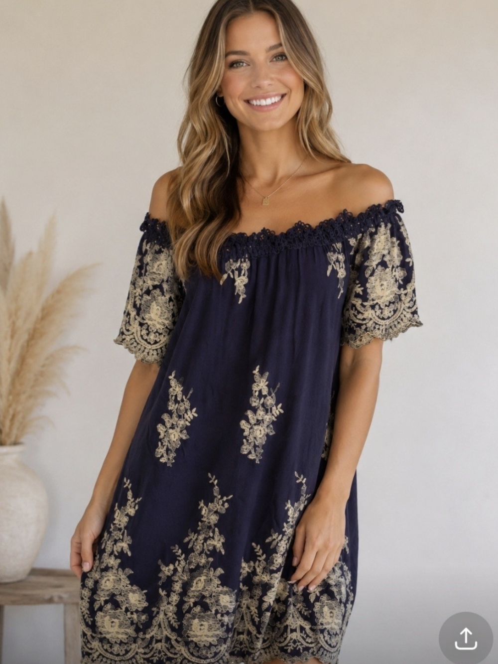 Altar'd State Navy Blue Off-Shoulder Mini Tunic Dress White Embroidery Size S